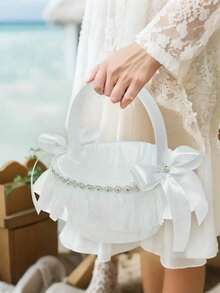 婚礼花篮，手提花篮，带花环蕾丝，带提手，适用于婚礼装饰和婚礼仪式用品 - 白色 - 查看 2