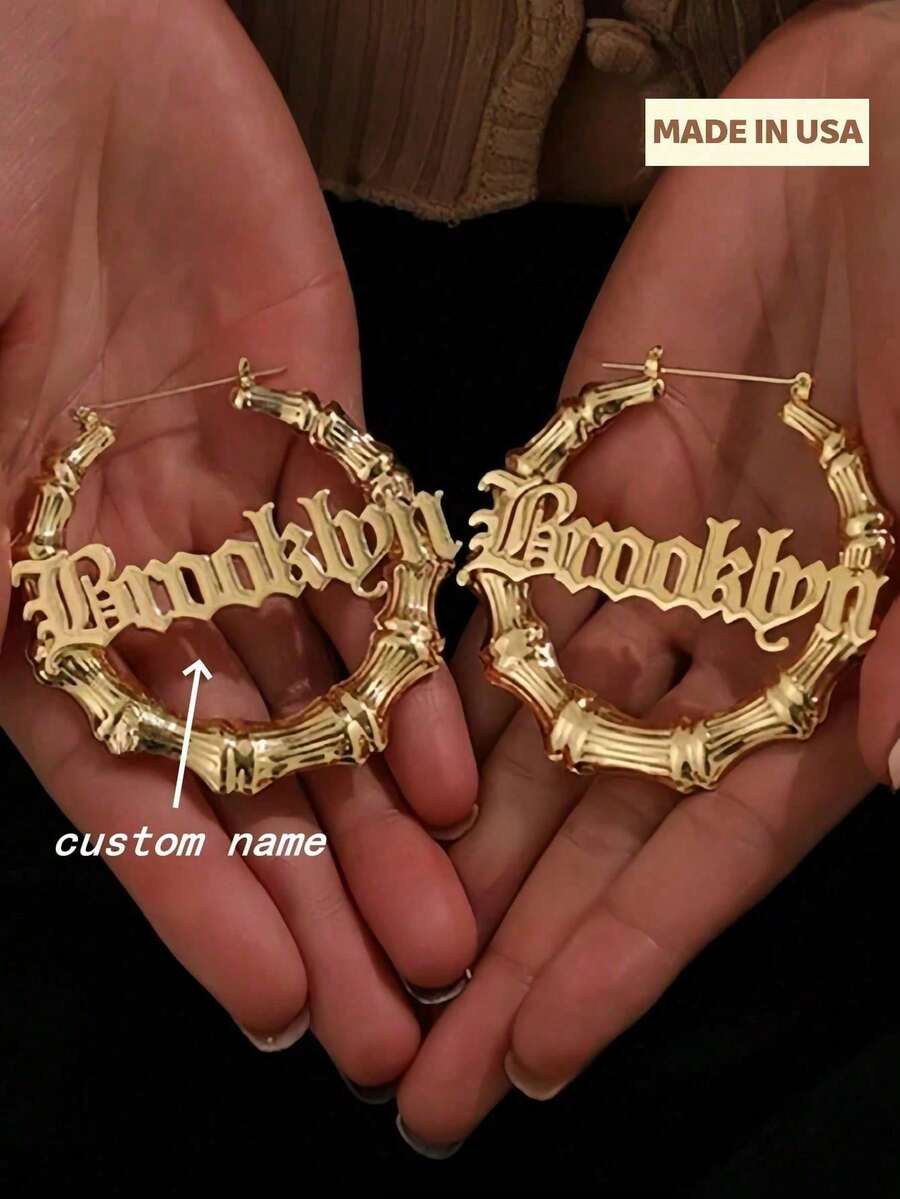 1 Pair Custom Name Earrings - Stylish Gold Stainless Steel Jewelry 70mm Bamboo Hoop Earrings, Personalized Christmas Gift, Suitable For Women Thanksgiving Christmas Halloween Mother's Day Carnival,Gold,Stylish,Colorful,Vintage,Hipster,Simple,Y2k,2000s Fashion,Custom,Personalized,Unique,Ideal Gifts For Him,Ideal Gifts For Her,Her,Boyfriend,Girlfriend,Dad,Mom,Family,Friends,For Anniversaries,For Birthdays,For Graduation,For Prom,For Party,Jewelry Women,Customized Fashion Word Earrings,Vintage Outfit,Jewelry & Watches,Season Picks, Utilitarian Chic, Delicate Romance, Look Glamour - Nhiều màu - Xem 1