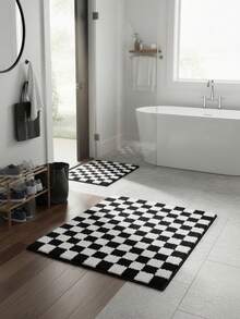 1pc Non-Slip Absorbent Bathroom Mat - Checkered Black And White Pattern, Suitable For Bathroom, Entryway, Kitchen, Living Room, Machine Washable, Anti-Slip, Daily Decor - Multicolor - View 5