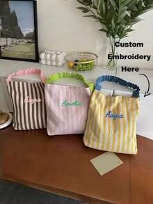 1pc Multi-Color Customized Embroidery Patchwork Striped Shoulder Bag, Fashion Tote Bag With Ruffle Strap, Personalized Bag For Shopping, Commuting, Daily Use, Travel Or Leisure Outing - Multicolor - View 2