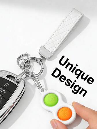 Simple White Plaid Keychain With Stress Relief Pendant, Practical Key Organizer & Fresh Decorative Accessory