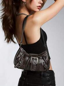 Y2K Vintage Soft Distressed Leather Motorcycle Bag With Rivet, Buckle, Pleated Cloud Decor, Shoulder/Underarm Bag, Suitable For Work, Commute, Date, Party, Street & Japanese Bag For Women, Halloween Purse Perfect For Fancy Party Halloween Fashion & Gothic Fashion , Vintage Bag - 咖啡棕 - 查看 1
