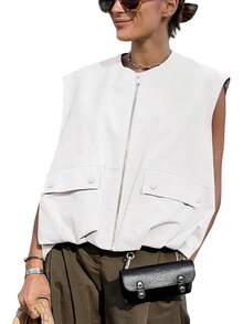 Women's Oversized Zip Up Cargo Vest Casual Ruched Hem Sleeveless Jackets Vest Top With Pockets - trắng - Xem 12