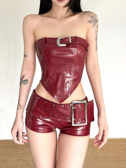 Top Dazzle Women's Sexy Red PU Alligator Embossed Shorts Straight Leg Design With Decorative Silver Hardware College Resort Dating Stage And Concert