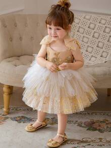 0-3岁女婴金色刺绣亮片网纱蝴蝶结优雅公主裙，适合女婴一周岁生日派对、婚礼花童等场合的奢华正式礼服 - 金色 - 查看 8
