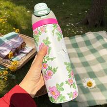 Owal'o 32oz  Stainless Steel Insulated Water Bottle - Keeps Beverages Hot Or Cold For Extended Periods, Available In Various Floral Designs, Features A Pop-Up Lid, Carrying Handle, And Straw, Perfect For Outdoor Activities, Car Use, Sports, And As A Gift. - trắng - Xem 2