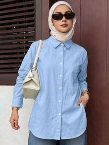 DAZY Women's Plain And Simple Long Sleeve Daily Shirt,Long Sleeve Tops,Fall Clothes Spring - Blue - View 3