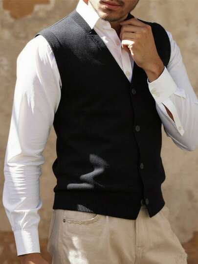 1pc Button V-Neck Cardigan Sweater Vest For Men