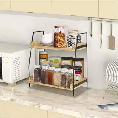 1pc Creative Designed Tabletop Coffee Table Organizer, Dual-Layer Wooden Shelves, Suitable For Storing Coffee Bar Accessories And Seasonings, Applicable For Kitchen, Home, Office - Wood Color, Kitchen Storage Tool, Room Decor, Suitable For Kitchen, Dining Room, Party, Camping, Gathering, Can Be Given As A Gift To Friends Or Family.