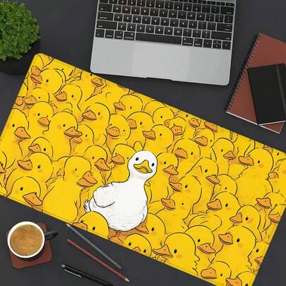 1个可爱鸭子游戏鼠标垫 黄色卡通加长桌面垫 办公桌配件 - 防滑缝边电脑垫 适用于桌面 35.4x15.7 英寸 橡胶底座笔记本电脑键盘垫 适用于家庭办公室和游戏玩家，防泼溅