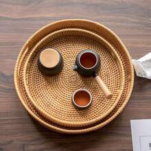 Juego de comedor/té de ratán tejido natural - Bandeja de servir de una sola pieza de ratán con asa, adecuada para cocina, comedor y ceremonia del té. Excelente para sostener tazas de té, frutas frescas, panes y aperitivos. - Naranja - Ver 4