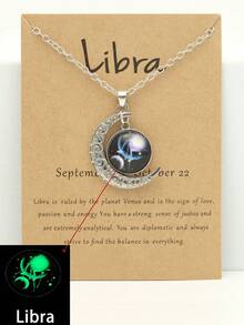 1pc Luminous 12 Zodiac Signs Necklace, Vintage Moon Pendant Constellation Tag Necklace, Party Birthday Gift - Silver - View 12