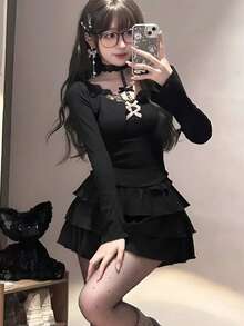 蕾丝蝴蝶结吊带连衣裙，性感设计，春季款 - 黑色 - 查看 2