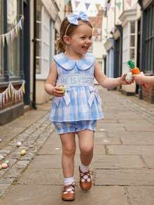Baby Girls Easter Romper Letter Embroidered Plaid Decorative Bows Smocked Doll Collar Sleeveless Newborn Jumpsuit - Màu xanh lam - Xem 5