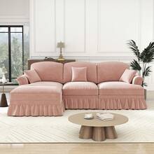 3-Seater Chenille Sofa With Funnel Armrests, Living Room Sofa With Movable Ottoman And Removable Ruffled Skirt, L-Shaped Modular Sofa For Living Rooms And Apartments - 粉色 - 查看 3