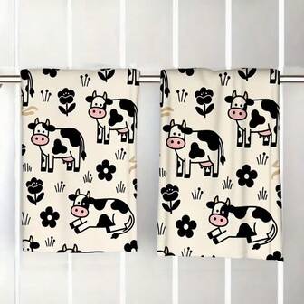 2条卡通奶牛图案清洁布，可作洗碗巾、茶巾、餐垫 - 柔软、吸水性强、可重复使用的家用清洁抹布