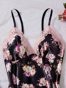 女士性感内衣，可调节肩带，缎面花卉图案，蕾丝边饰，无肩带连衣裙，优雅性感，居家外出皆宜 - 彩色 - 查看 4