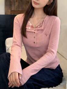 女士纽扣半开襟花卉刺绣罗纹休闲沙滩上衣 - 粉色 - 查看 1