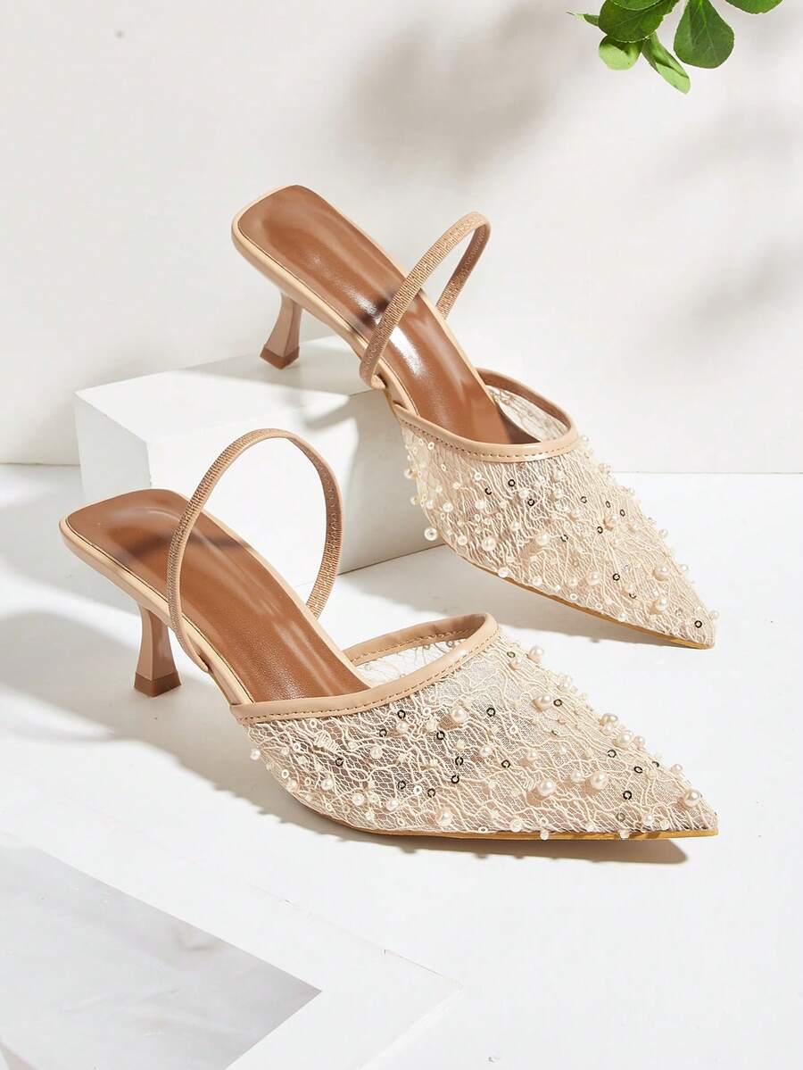 Pointed Toe Mesh Lace Pearl Sequin Backstrap Stiletto High Heel Mule Shoes,Kitten Heels - Apricot - View 1