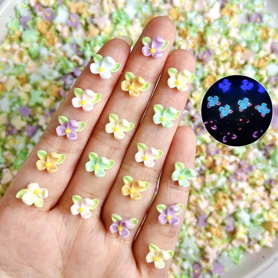 100Pcs Mixed Styles Spring Summer Nail Art Charms Colorful Gardenia Nail Accessories For Floral Nails Decor Cream Resin Nail Supplies Luminous Design Nail Gems For Women DIY Manicure, Orange - 橘子 - 查看 1