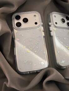 彩色水鑽星球愛心全螢幕手機殼，相容於蘋果17 Pro Max、17新款16 Pro吊墜款、15 PM透明款、15防摔款、13 Niche款、14 Girl Pro保護殼、18 Pro Max新款18 - 無色 - 查看 3