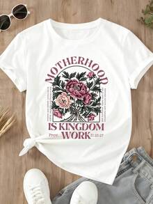 Motherhood Is Kingdom Work Proverbs 31 25 27 Floral Design Women T Shirt Motherhood Gift For Mom Spring Summer Casual Wear - trắng - Xem 2