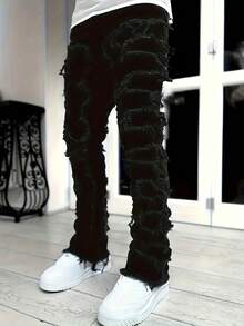 Men's Slim Fit And Slimming Creative Tassel Decoration Straight Jeans, Men's Casual Stretch Street Style Hip-Hop Skateboard Rap Jeans All Seasons - 黑色 - 查看 3