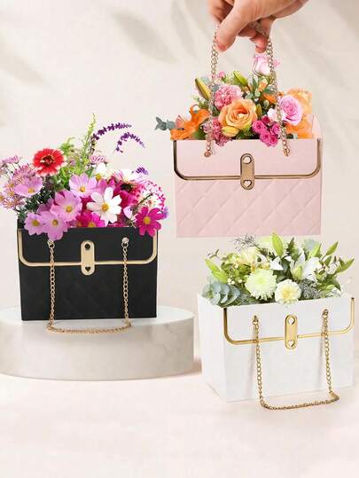 1pc Portable Bouquet Carry Bags, Pink, Black & White Creative Paper Flower Gift Packaging Bag For Wedding, Bridal Shower, Anniversary Celebrations, Valentine's Day & Engagement Party Favors Decorations