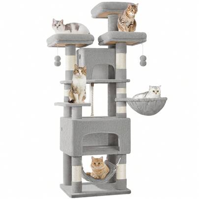 HEXCELEN XXL Cat Tree, 176cm Cat Scratching Post, 3 Platforms, 2 Cave Beds, 7 Sisal Column With Hammock, Heavy-Duty For Multi-Cat Homes, Light Grey