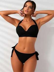 Women's Black Two-Piece Swimwear Set - Sexy Wrap Top & Ruched Bottom For A Stylish Flattering Look - Áo yếm đen cổ yếm - Xem 5
