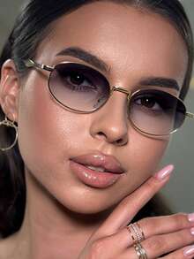 1副椭圆形金属框极简时尚眼镜，男女通用朋克复古装饰眼镜 - 彩色 - 查看 2