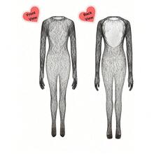 1 Piece Women's Purple Fishnet Bodysuit Sexy Hollow Out See Through Mesh Bodystocking Backless Sleepwear Lingerie With Leopard Print Fishnet Stockings For All Seasons - 黑色 - 查看 7