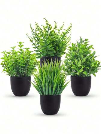 4-Piece Fake Plant Set,Small Artificial Greenery In Black Plastic Planters For Indoor/Outdoor Tabletop, Patio & Gift-Giving (1 Random Pot),Fake Plants With Pot,Artificial Plants With Pot,Fake Plant,House Decor,Valentine's Day Gift,Bedroom Stuff,Table Centrepiece,Best Friend Gift.