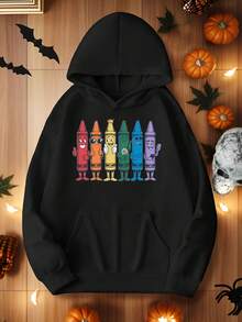 Crayons Expressions Women-S Heavyweight Hoodie - Non-Stretch Fabric Hooded Sweatshirt, Green Background With Cute Expressions, Front Pocket FallWinter Pullover For Everyday And Hal_610 - 黑色3 - 查看 1