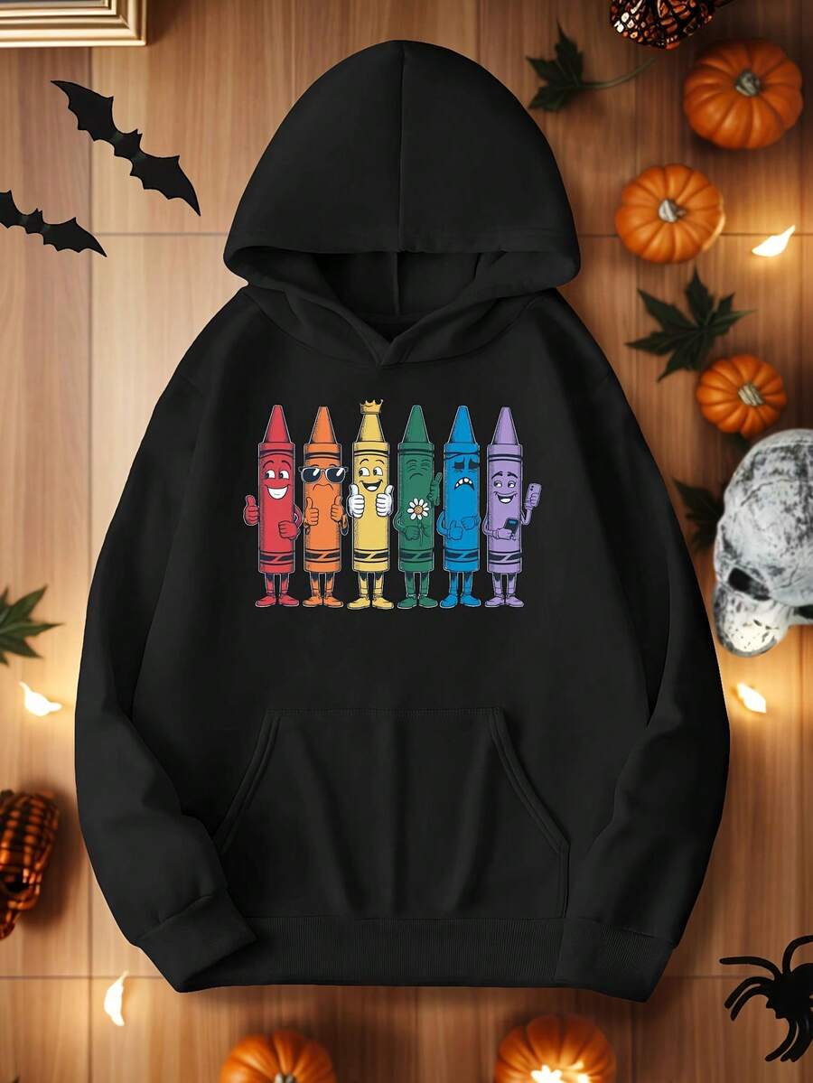 Crayons Expressions Women-S Heavyweight Hoodie - Non-Stretch Fabric Hooded Sweatshirt, Green Background With Cute Expressions, Front Pocket FallWinter Pullover For Everyday And Hal_610 - 黑色3 - 查看 1