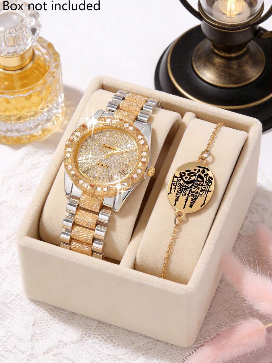 Luxury Style Dual-Tone Gold & Silver Women's Watch Set, Includes 1 Gold & Silver Tone Diamond Quartz Watch And 1 Matching Rhinestone Decorated Long Chain Pendant Bracelet, Featuring Contrasting Color Design