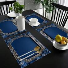 1/4pcs Blue Linen Placemat - 12*18 Inch, Geometric Border, Blue Floral Design | Suitable For Holiday Party, Home Kitchen Decoration - 12x18英寸 - 查看 8