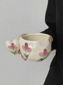 一套郁金香陶瓷咖啡杯碟，欧式心形把手陶瓷杯碟，不对称设计，手工制作陶瓷杯碟，家用早餐牛奶杯、水杯、咖啡杯碟、下午茶杯，礼品杯 - 彩色 - 查看 14