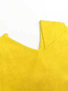 Plus Size Women Elegant Casual Solid Color Asymmetric Hem Crew Neck Sweater With Metal Button Design, Autumn/Winter - Yellow - View 6