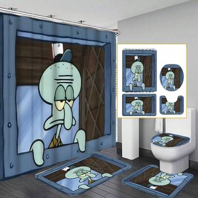 1PC Cute Printed Shower Curtain Set, Including 12 Hooks, A 180*180cm Waterproof Shower Curtain, A Non-Slip Mat, A U-Shaped Toilet Mat, And A Toilet Lid Cover. Perfect For Room Decoration, Bedroom Decoration, Home Decor, Bathroom Decoration And Accessories, And Also An Ideal Choice For Holiday Gifts.