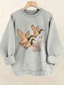 Sweat Shirt Women's Soft Plaid Duck Printing Hoodie - Plaid Round Neck Pullover, Flying Duck And Green Grass Design, Casual Long Sleeves All Year Round, Loose H-Shaped Version, Suitable For Daily Wear () Loose And Comfortable Valentine's Day - 杏色 - 查看 5