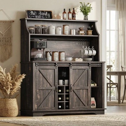 47" /55" Farmhouse Coffee Bar Cabinet With 3-Tier Storage, Kitchen Hutch With 9/12 Wine Racks & 3 Glass Holders, Coffee Bar With 6 Hooks, Wine Bar Cabinet For Dining Living Room, White/ Black/ Brown