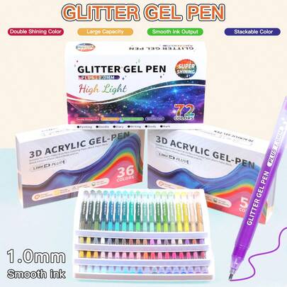 1 Piece 24/36/54/72 Colors Glitter Watercolor Markers, Vibrant Shades Painting Pens, Suitable For Acrylic Board/Eggshell/Canvas Shoes/Glass Cup, Strong Covering Power, Creative Gift, Learning Supplies, Art Supplies, Stationery