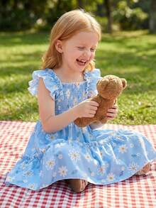 年轻女孩无袖荷叶边下摆花卉印花连衣裙，夏季 - 淺藍色 - 查看 5