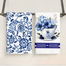 2pcs Blue And White Porcelain Floral Print Kitchen Towels, Super Absorbent Kitchen Dishcloths, Soft , Machine Washable, Multipurpose Decorative Items, Birthday Gifts For Family And Friends, Suitable For Cooking, Baking, Cleaning, Bathroom, Tabletop Decor - Perfect Home Decor Choice.