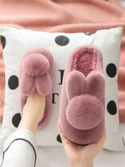 Fashionable Rabbit Ear Decor Anti-Slip Warm Fluffy Slippers, For Kids, Teens