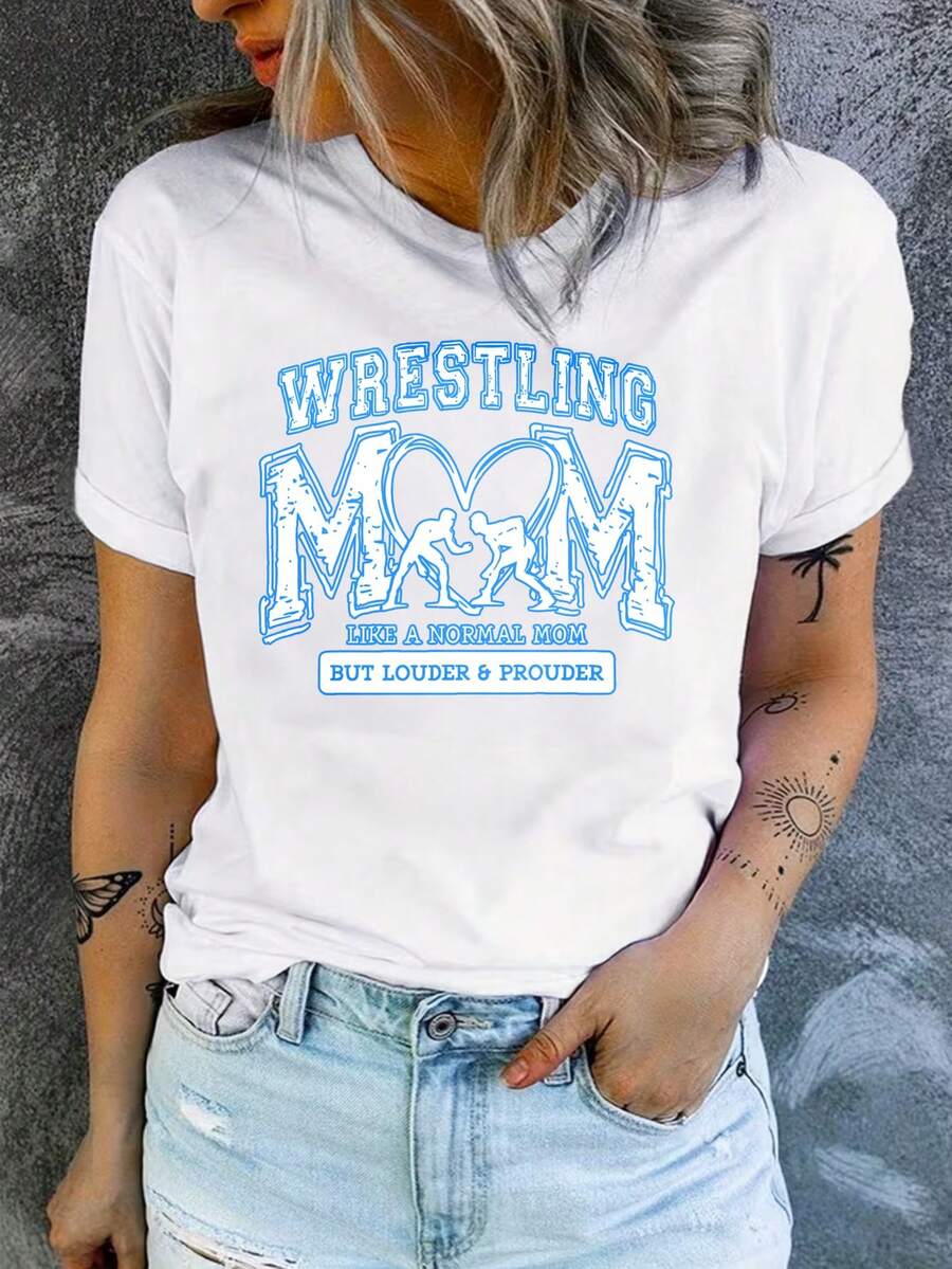 Wrestling Mom Graphic Print With Wrestling Silhouette And Text Statement T-Shirt For Women And Men Casual Short Sleeve Fashion Personality Loose Comfortable Spring Summer Wear For Mother's Day And Father's Day White Black - 黑色 - 查看 1