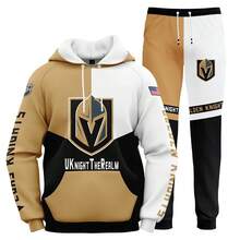 Vegas-Golden-Knights Men'S Stylish 3D Lion Print 2pcs Athletic Wear Set - Long Sleeve Hoodie & Joggers, Casual Outdoor & Gym Wear For Spring/Fall, Football Team Pattern Design, Comfortable & Breathable Fabric, Perfect For Comfortable Fit - 彩色 - 查看 1