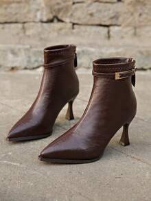 女士尖头高跟黑色拉链短踝靴，细跟中筒靴，秋冬新品 - 棕紅色 - 查看 1