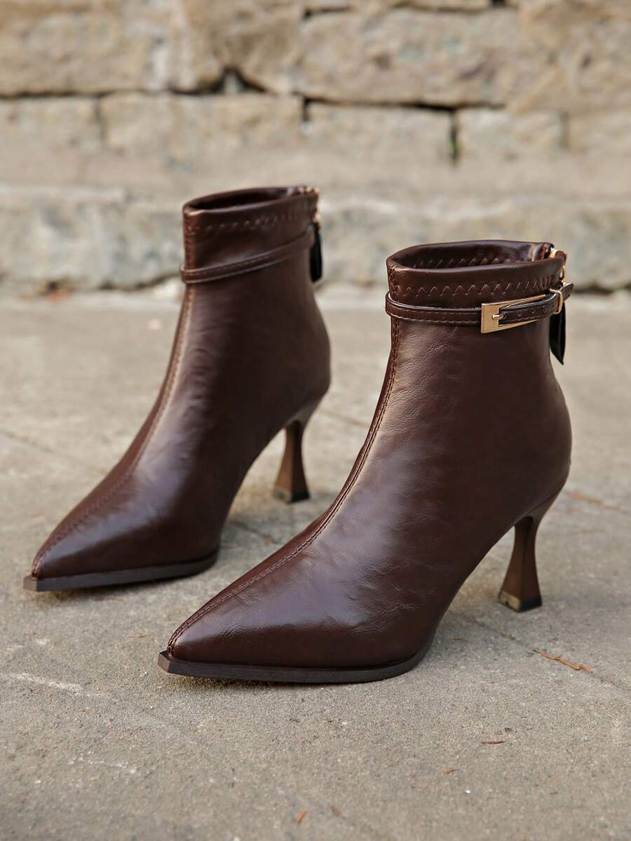 女士尖头高跟黑色拉链短踝靴，细跟中筒靴，秋冬新品 - 棕紅色 - 查看 1